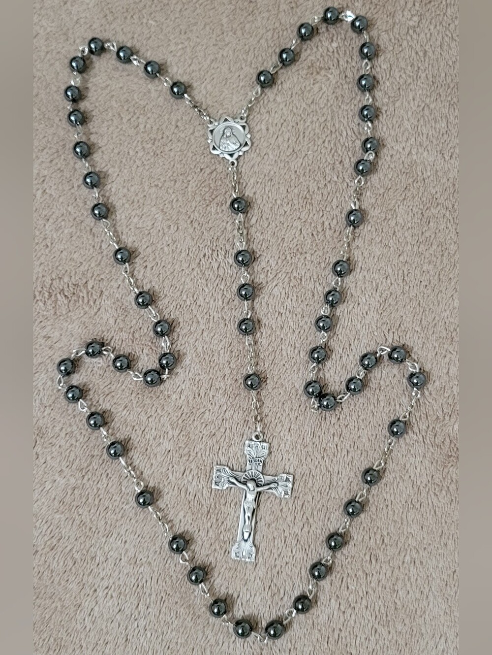 Sterling Silver Genuine Hematite Rosary Beads .925 Catholic Crucifix Centerpiece